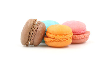 Sweet colorful macarons isolated on white background. Tasty colourful macaroons.
