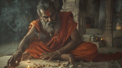 The bearded priest or jyotishi places cowri shells on the chart and counts them to predict the future