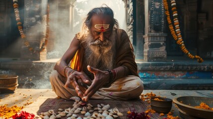 The bearded priest or jyotishi places cowri shells on the chart and counts them to predict the future