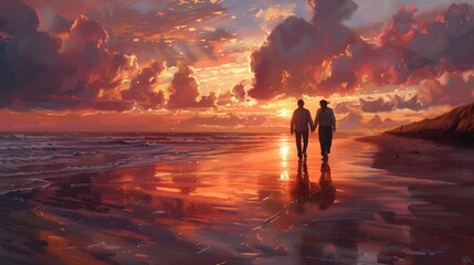 Romantic Stroll Along Vibrant Twilight Beach with Breathtaking Sky Reflection