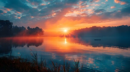 Tranquil Sunrise Reflection on Serene Lake Surrounded by Lush Forest Landscape