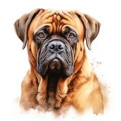 Fototapeta premium Bullmastiff. English mastiff dog clipart. Watercolor illustration. Generative AI. Detailed illustration.