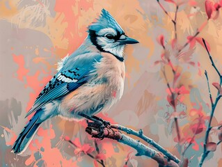 Vibrant Blue Jay Perched on Blushing Branch with Gentle Breeze Ruffling Feathers in Calming Pop Art