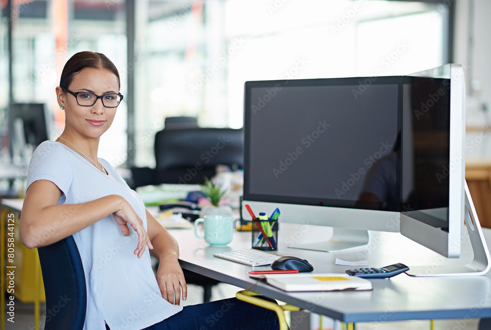 Poster business woman, portrait and computer at desk in office for career, programmer and online company. f