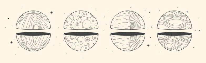 Set of Modern magic witchcraft cards with geometric spheres or planets. Line art occult vector illustration