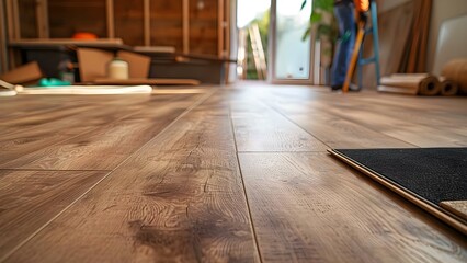 Professional installing laminate flooring in a residential setting. Concept Residential Flooring Installation, Professional Laminate Installers, Home Improvement, Quality Flooring Solutions