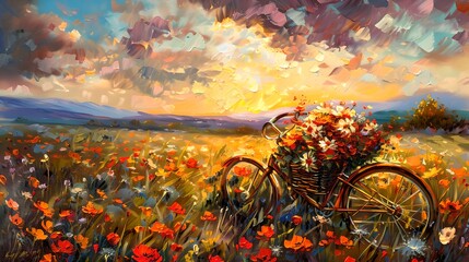 Colorful sunset over a blooming field with a vintage bicycle. Artistic rural landscape painting for decor. Serene nature scene depiction in vibrant tones. AI