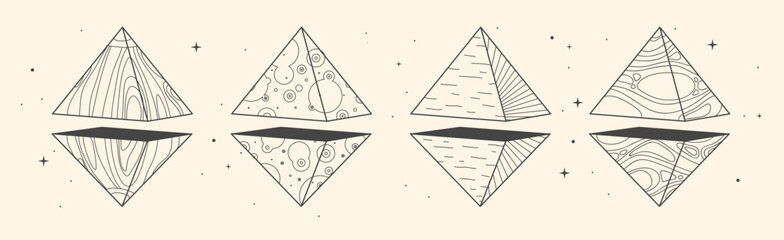 Set of Modern magic witchcraft cards with geometric pyramids or crystals. Line art occult vector illustration