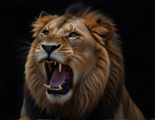 Fototapeta premium Portrait of a Lion roaring on a black background.