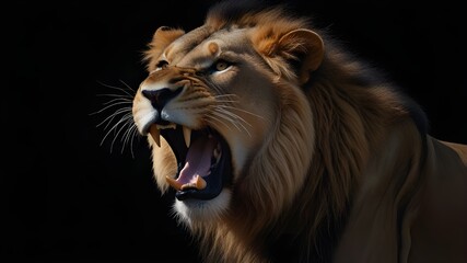 Portrait of a Lion roaring on a black background.