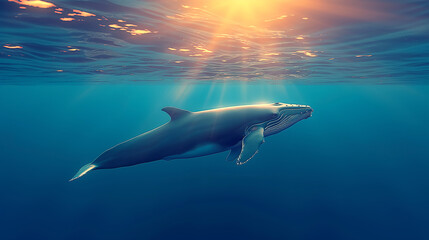 Obraz premium A dolphin is swimming in the ocean with the sun shining on it