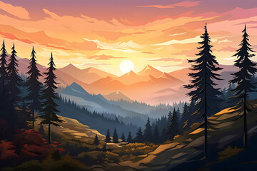 enchanted sunrise, pine forest awash in golden light, mountains embracing dawn's arrival