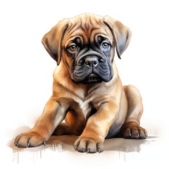 Obraz premium Bullmastiff dog. Puppy dog. Bullmastiff clipart. Watercolor illustration. Generative AI. Detailed illustration.