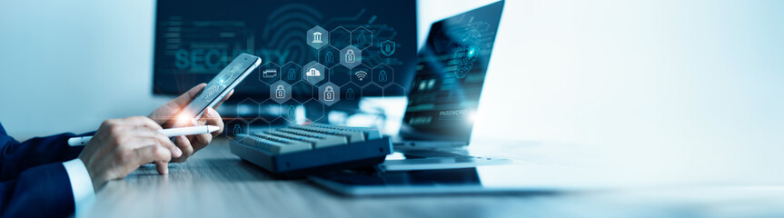 Cyber security and data protection. Businessman using  digital device protecting business data on network connection, Security encryption of padlock and cybernetics. Smart solution from cyber attack.