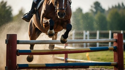 Horse jumping over obstacle in the jump. Close-up.