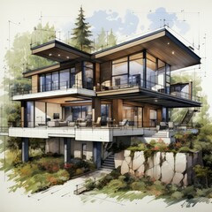 a rendering of a house with a balcony and a patio