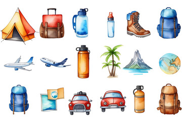 Set of collection of web icons with colors of traveling, tourism and vacation theme. Isolated on white background.