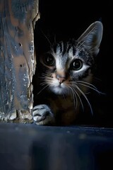 Portrait of cat peeking behind door