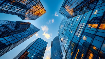 Fototapeta premium High-rise Office Buildings in a Commercial District with a Blue Sky Background. Concept Commercial District, High-rise Buildings, Blue Sky, Office Buildings, Urban Landscape