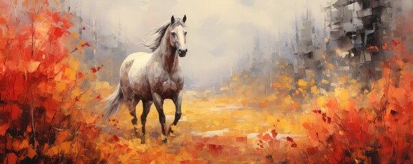 Autumn landscape with majestic white horse