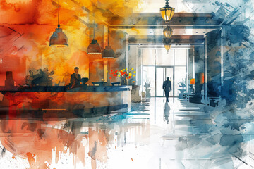 A colorful painting of a hotel lobby with a man walking out of the door