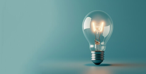 A light bulb, shining on a blue background, vintage modernism, eco-friendly craftsmanship, clever wit, and colors of light cyan and gray.