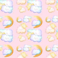 Cute sky cloud moon star and rainbow seamless pattern background
