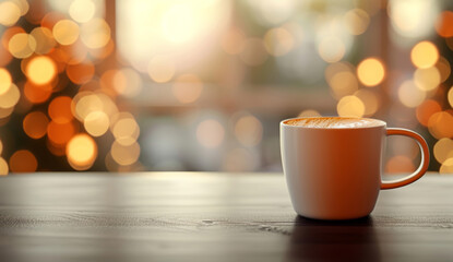 Obraz premium A coffee cup is placed on a table, a bokeh blurry background, recycled materials, and colors of dark white and light orange, embodying quantumpunk aesthetics.