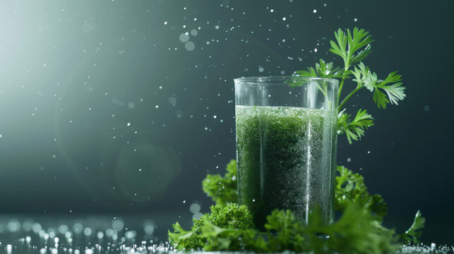 A green plant juice drink, made with epsom salt, chervil seeds, and parsley, a low depth of field, dark green and indigo colors, and Danish golden age aesthetics.