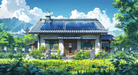 Fototapeta premium A house with a large roof and a chimney