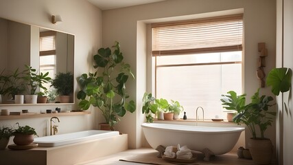 In a bathroom by a window, potted plants are placed next to a bathtub.