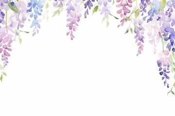 Header of hanging wisteria clusters for a spring wedding card, romantic watercolor cartoon, vibrant color