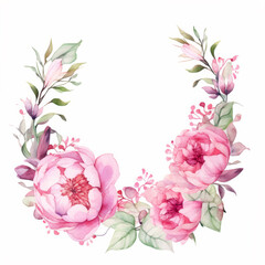 Lush ivy and peony border in a watercolor style, creating a Valentine-themed frame, watercolor cartoon, pink tone, soft color