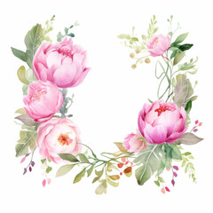 A romantic Valentine-themed frame featuring lush ivy and peonies in soft pink tones, rendered in a delicate watercolor style.