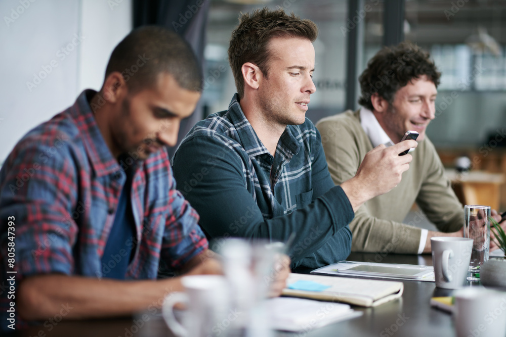 Poster boardroom, phone and men in meeting, smile and strategy for business in social media and research. c