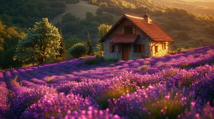 Small house in a lavender field, beautiful spring landscape, morning light enhancing the vibrant...