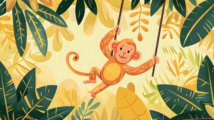 Fototapeta premium A playful monkey swinging through lush jungle foliage