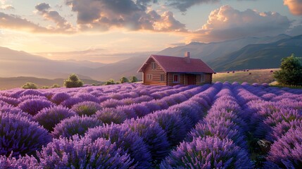 Small house in a lavender field, beautiful spring landscape, morning light enhancing the vibrant...