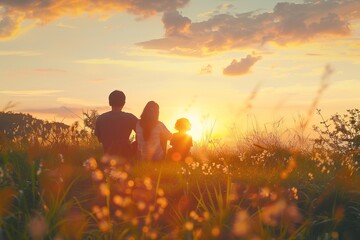 A group of people is silhouetted against a stunning sunset, surrounded by the beauty of wildflowers and nature