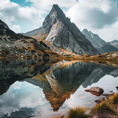 A sharp mountain peak perfectly reflects in the still water of a crystal clear lake surrounded by rocks and grass