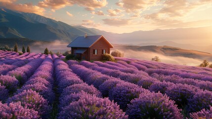 Small house in a lavender field, beautiful spring landscape, morning light enhancing the vibrant...
