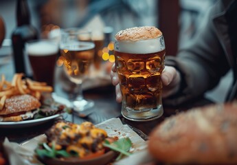A detailed image capturing the frothy texture of beer in a glass with a blurred backdrop of a social pub setting