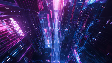 Fototapeta premium A neon cyberpunk cityscape with tall skyscrapers, glowing lights and holographic displays, looking down from above in the style of Tron Legacy, with a purple blue color theme
