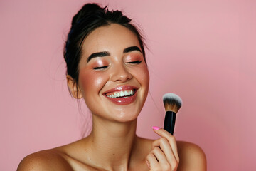 Makeup brush, foundation and studio portrait of happy woman with tools, beauty product.
