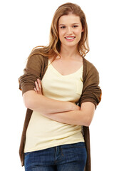 Obraz premium Woman, arms crossed and smiling in studio portrait for confidence, style and fashion in casual sweater. Female person, happy and relaxed on white background for trendy clothes or edgy outfit