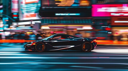 Fast Sports Car in Neon City at Night