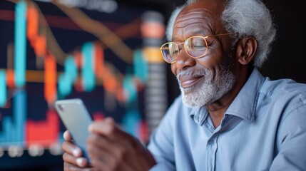 Joyful elderly African American man checking stock market updates on his phone with trading data in the background.