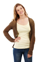 Fototapeta premium Happy, woman and fashion in portrait with casual clothes for college outfit isolated in studio. Female person or student and smile for learning and education at university with white background