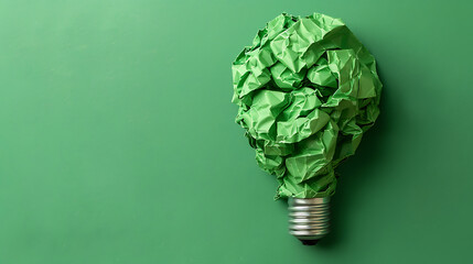 Corporate Social Responsibility (CSR) and eco-friendly business concept. Green crumpled paper light bulb green background innovation and sustainability