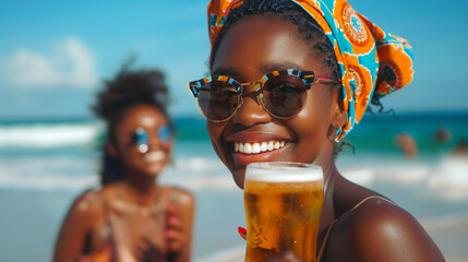 Young African women enjoying drinks on a sunny beach with smiles and sunglasses